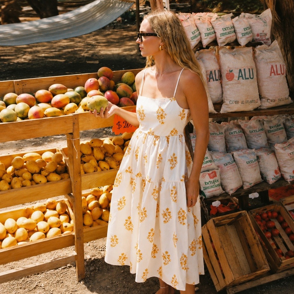 Ciao Lucia | Gioia 100% Cotton Floral Open-Back Midi Dress in Marigold